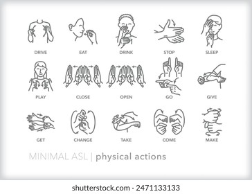 Set of line icons depicting American Sign Language (ASL) communication for physical actions words and phrases