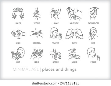 Set of line icons depicting American Sign Language (ASL) communication for places and things