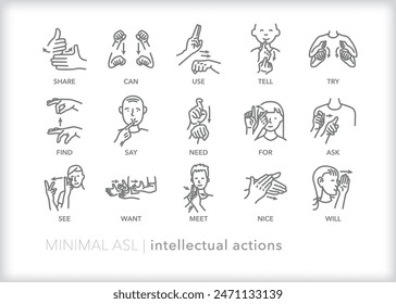 Set of line icons depicting American Sign Language (ASL) communication for intellectual actions words and phrases