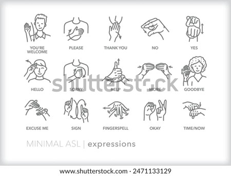 Set of line icons depicting American Sign Language (ASL) communication for expressions words and phrases