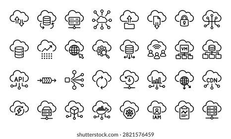 A set of line icons depicting cloud computing concepts such as data storage networking and security