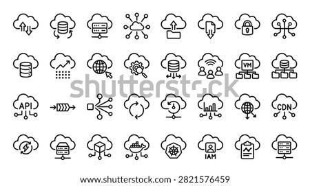 A set of line icons depicting cloud computing concepts such as data storage networking and security
