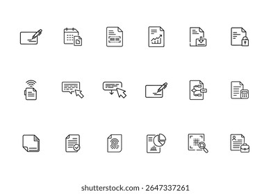 Set of line icons depicting files with various symbols including pen calendar barcode fingerprint