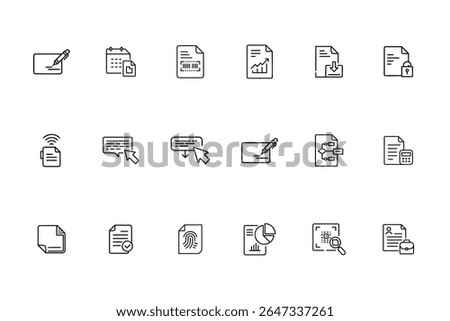 Set of line icons depicting files with various symbols including pen calendar barcode fingerprint