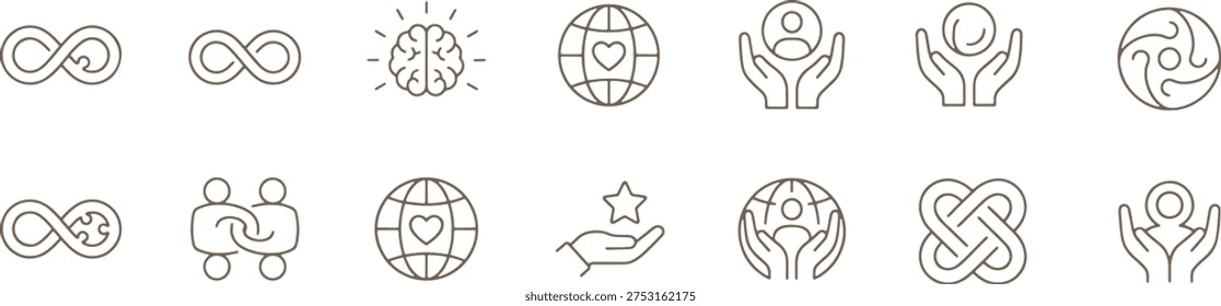Set of line icons depicting infinity symbols hearts and hands holding people and globes with hearts and stars