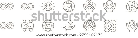 Set of line icons depicting infinity symbols hearts and hands holding people and globes with hearts and stars