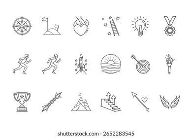 Set Line Icons Depicting Motivation Success Goals Achievement Ambition Symbols compass