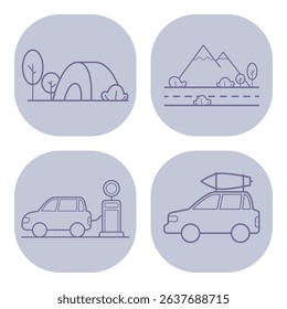 Set of line icons depicting outdoor adventure themes, including camping tent, mountain, road, and car at gas station. Ideal for illustrating travel and nature activities