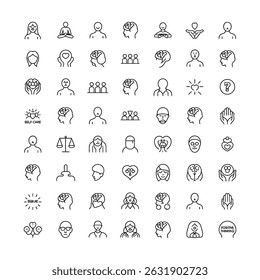 Um conjunto de ícones de linha que retratam vários aspectos da saúde mental, do autocuidado e do bem-estar, incluindo a meditação, o pensamento positivo e a saúde cerebral.