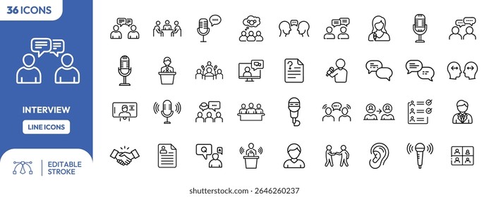 A set of line icons depicting various aspects of an interview process, including people talking, microphones, and documents.