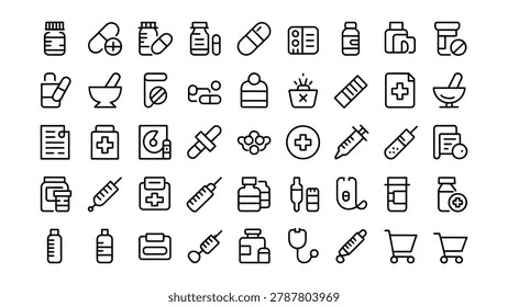 A set of line icons depicting various medical and pharmacy related objects
