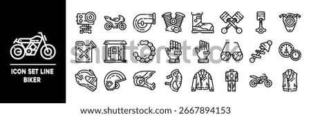 A set of line icons depicting various motorcycle-related elements, including motorcycles, parts, equipment, and essential supplies. Perfect for projects involving motorcycles and mechanics.