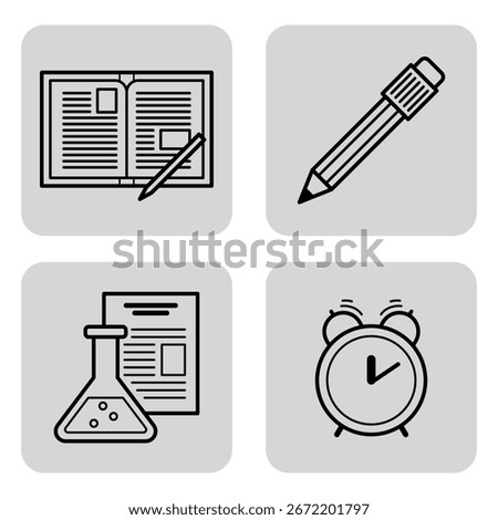 Set of line icons depicting various educational tools. Book with notes, pencil, flask symbolizing science, and alarm clock indicating study time. Useful for educational themes