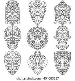 Set of line icons. Different ethnic masks. Vector illustration