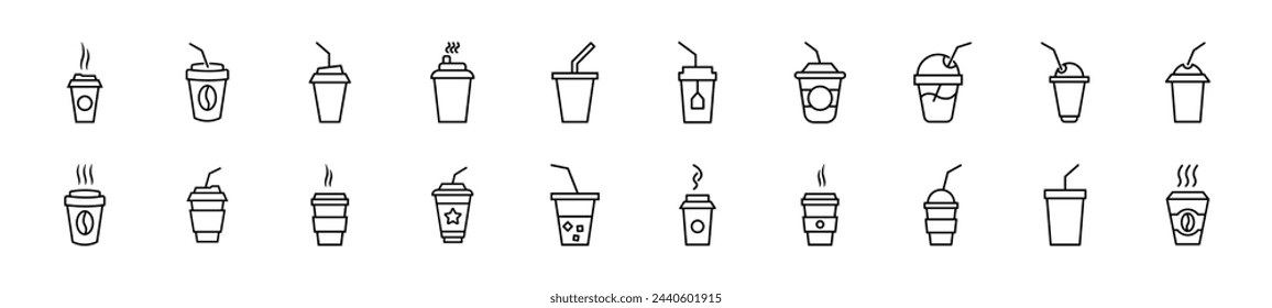 Conjunto de iconos de línea de la taza desechable. Trazo editable. Signo de esquema simple para sitios web, periódicos, libros de artículos