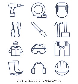 Set of line icons for DIY, tools and work clothes. Vector illustration.