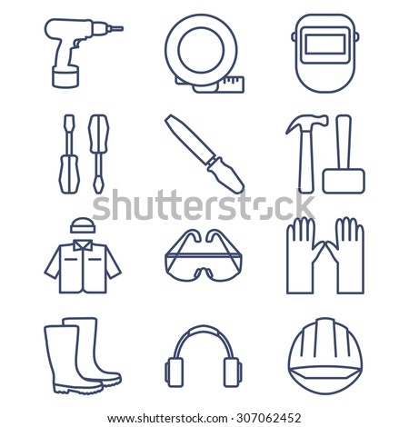 Set of line icons for DIY, tools and work clothes. Vector illustration.