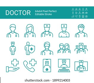 Set of line icons of doctor. Editable vector stroke. 64x64 Pixel Perfect.