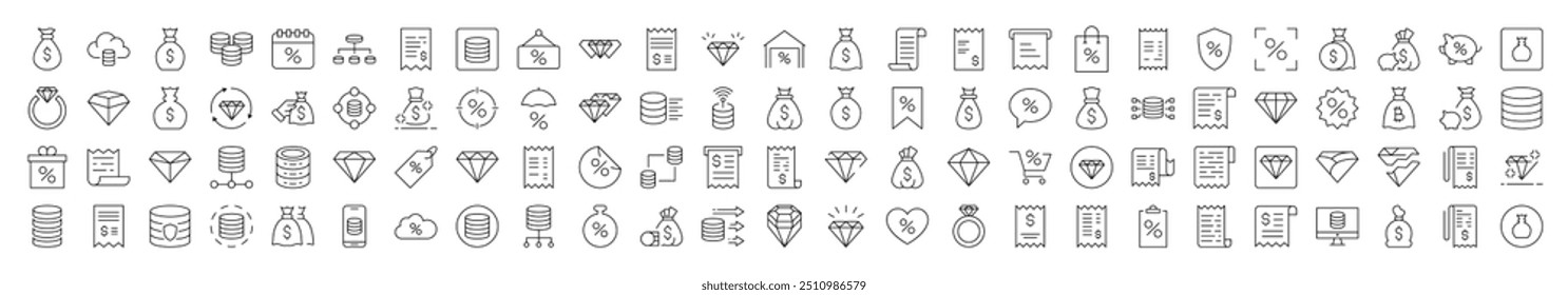 Set of Line Icons of Dollar, Receipt, Diamond, Percent. Editable Stroke. Minimalistic Linear Pictogram for Design of Cards, Apps, Banners, Posts