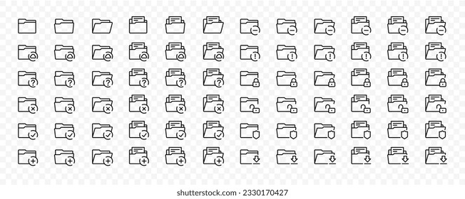 Set of line icons with editable stroke of folders. Vector open and closed folders with documents and cloud, padlock, shield, checkmark, upload symbol