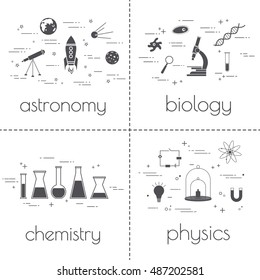 Set of line icons. Educational and science concept. Isolated on white background. School subjects.