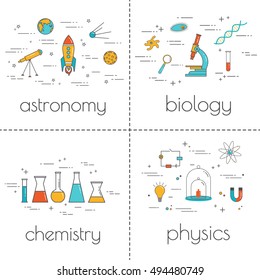 Conjunto de iconos de línea. Concepto educativo y científico. Aislado sobre fondo blanco. Asignaturas escolares.