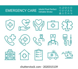 Set of line icons of emergency care. Editable vector stroke. 64x64 Pixel Perfect.