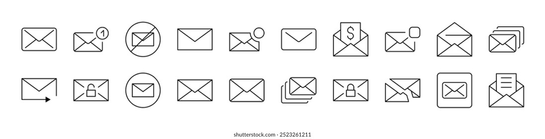 Conjunto de ícones de linha do envelope. Traço editável. Pictograma Linear Minimalista para Design de Cartões, Aplicativos, Banners, Posts
