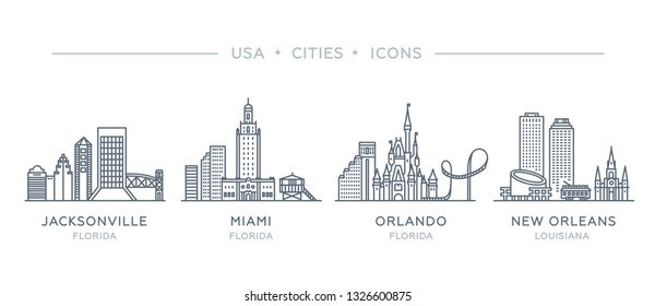 Set line icons of famous and largest cities of USA. Vector outline illustration, flat design, white isolated. State of Florida and Louisiana. Jacksonville, Miami, Orlando, New Orleans