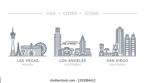 Establecer iconos de línea de las ciudades más famosas y grandes de Estados Unidos. Ilustración del contorno vectorial, diseño plano, aislado en blanco. Estado de Nevada y California. Las Vegas, Los Ángeles, San Diego