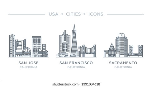 Set line icons of famous and largest cities of USA. Vector outline illustration, flat design, white isolated. State of California. San Francisco, San Jose, Sacramento 