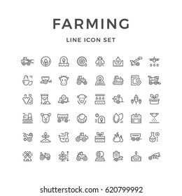 Set line icons of farming and agriculture isolated on white. Farm animals, seeding and agricultural machinery. Vector illustration