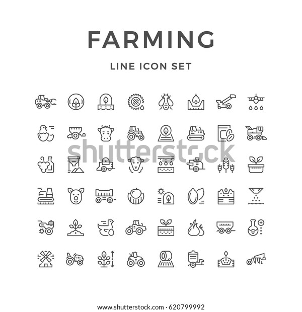 白い背景に農業と農業の線のアイコン 家畜 種まき 農業機械 ベクターイラスト のベクター画像素材 ロイヤリティフリー