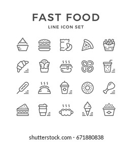 Set line icons of fast food isolated on white. Contains such icons as sandwich, hamburger, pizza, soda, smoothies, cupcake, chips, pop corn, ice cream, coffee, bagel and more. Vector illustration