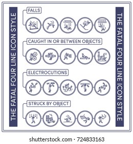 Set of line icons of the fatal four, the four leading causes of fatalities in the Industry.
