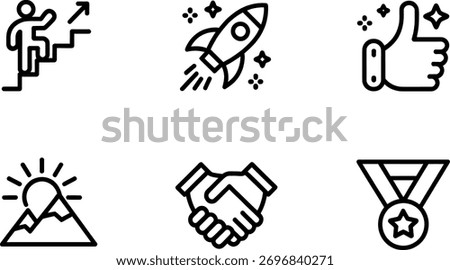 A set of line icons featuring business startup, success and achievement. Includes rocket, stairs, handshake, medal, mountain and thumb. Isolated on white background.