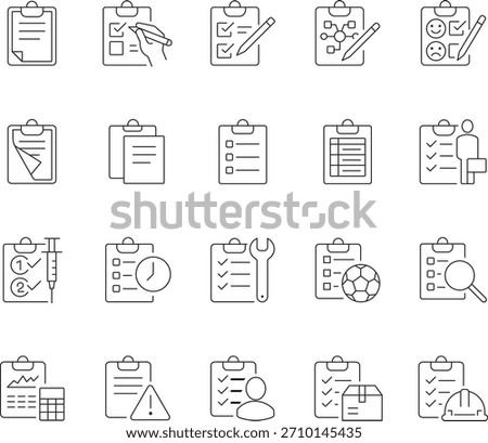 Set of line icons featuring clipboards with various symbols and elements, suitable for business, organization, or task management themes.