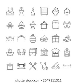 Set of Line Icons Featuring Outdoor Firepits,.BBQ Grills, Patio Furniture, Lanterns, Garden Decor, and Cooking Accessories for Backyard, Camping, and more Vector Vector Illustration. Editable Stroke.	