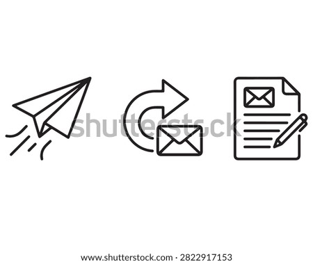 Set of line icons featuring paper airplane send message email reply arrow document writing composition airplane document business communication interface correspondence stationery