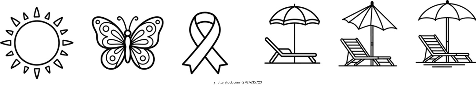A set of line icons featuring summer and awareness symbols, including a sun, butterfly, awareness ribbon, and beach chairs with umbrellas.