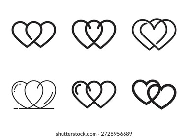 Conjunto de iconos de línea con dos corazones superpuestos, que representan el amor, el romance, el matrimonio y la conexión emocional.