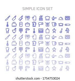 A set of line icons featuring a variety of kitchen utensils and cooking-related items.
