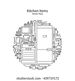 Set of line icons featuring various kitchen utensils and cooking related objects. Kitchen outline icons set.