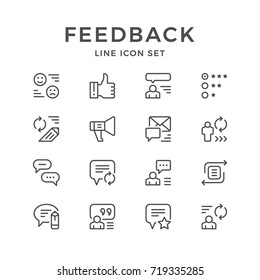 Definir ícones de linha de feedback isolados em branco. Contém ícones como mensagem de texto, como, bolha de fala, comentário, opinião de pessoa, avaliação de qualidade, alto-falante e muito mais. Ilustração vetorial