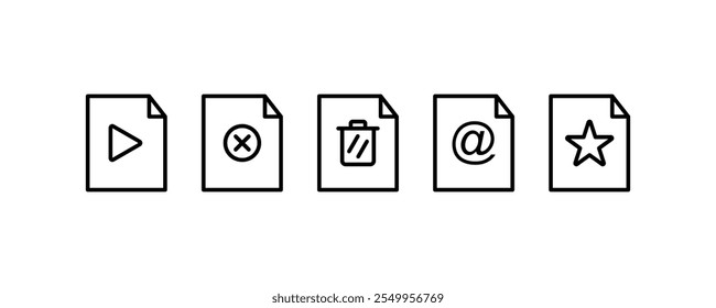 A set of line icons for file video, remove file, delete file, email, favorite file. isolated on white editable background.	
