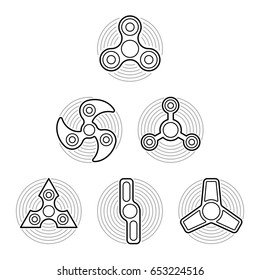 Set of line icons. Finger hand spinner different form. Vector illustration. 