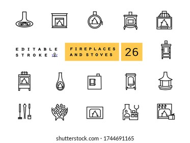 Set line icons of fireplaces and equipment for the fire inserts. Bake, oven, furnace. Furnace equipment and Christmas fireplace isolated contour illustrations. Outline symbols pack