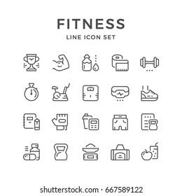 Set line icons of fitness and health isolated on white. Contains such icons as award, stopwatch, bracelet, sneaker, bag, diary, glove, scale, dumbbell, biceps and more. Vector illustration