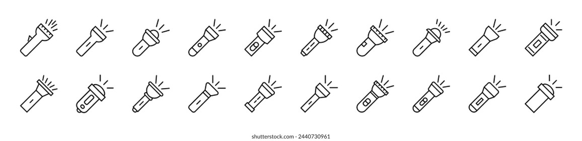 Set of line icons of flashlight. Editable stroke. Simple outline sign for web sites, newspapers, articles book