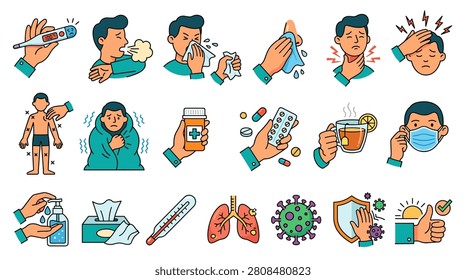 A set of line icons with flu and cold symptoms, including high temperature, coughing, runny nose, headache, sore throat, and body aches.